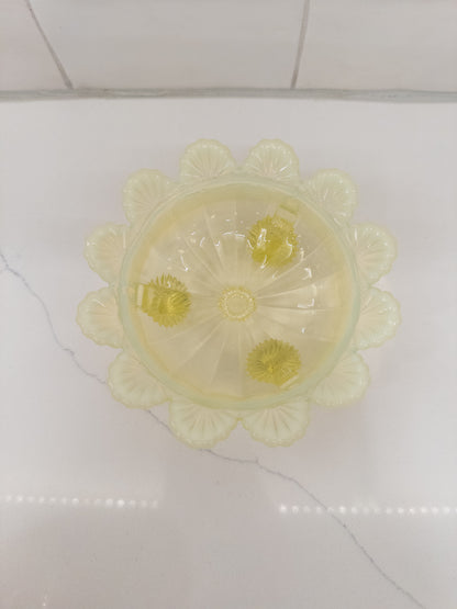 Vintage Northwood Vaseline Opalescent Ribbed Covered Footed Candy/Butter Dish