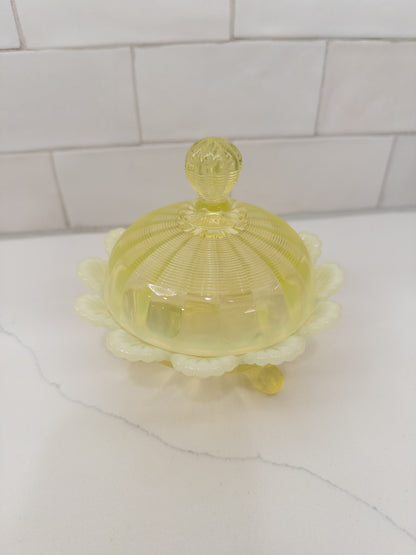 Vintage Northwood Vaseline Opalescent Ribbed Covered Footed Candy/Butter Dish