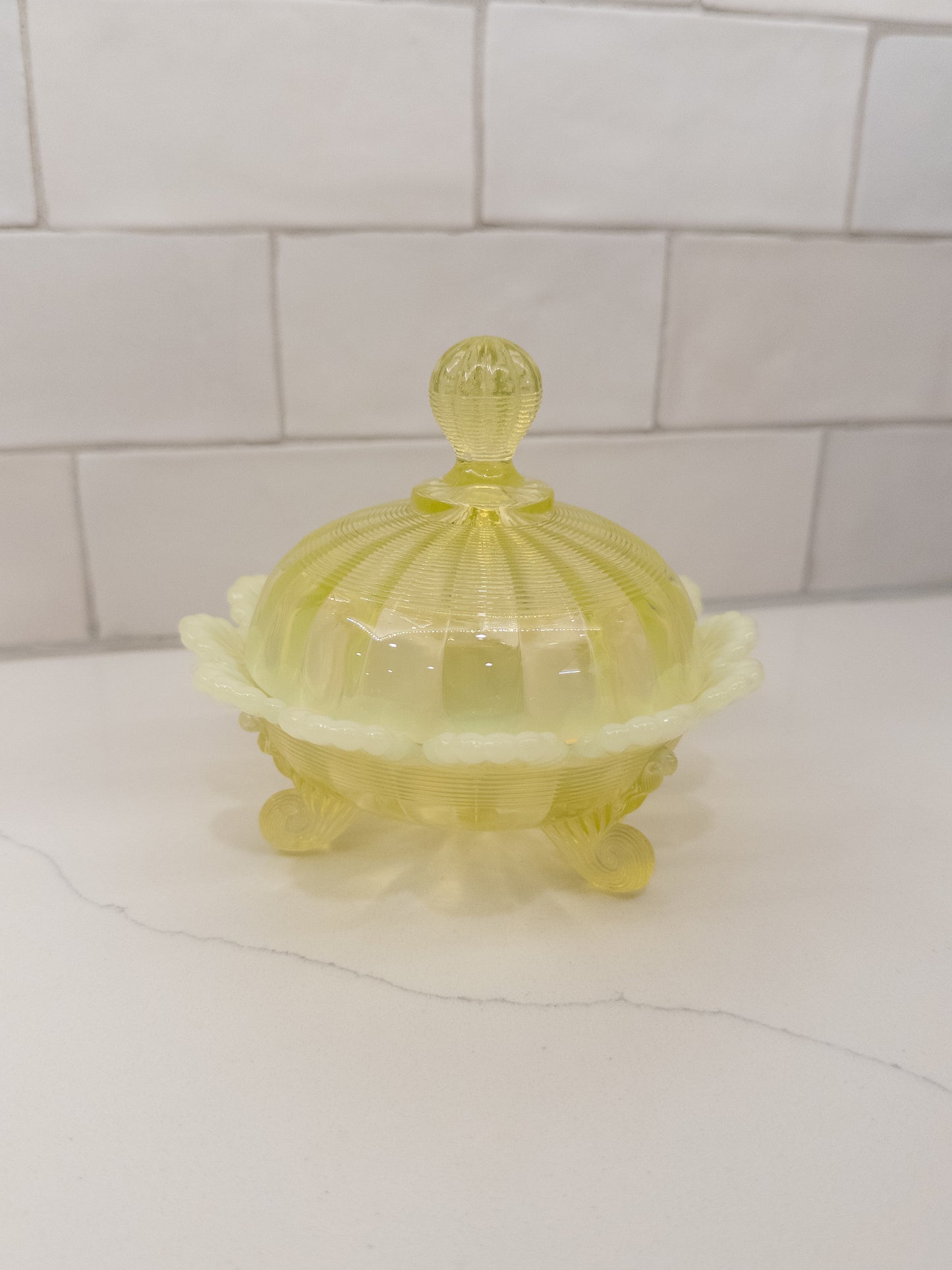 Vintage Northwood Vaseline Opalescent Ribbed Covered Footed Candy/Butter Dish