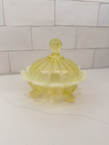 Vintage Northwood Vaseline Opalescent Ribbed Covered Footed Candy/Butter Dish