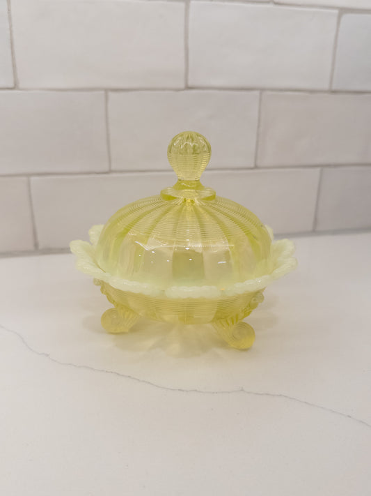 Vintage Northwood Vaseline Opalescent Ribbed Covered Footed Candy/Butter Dish