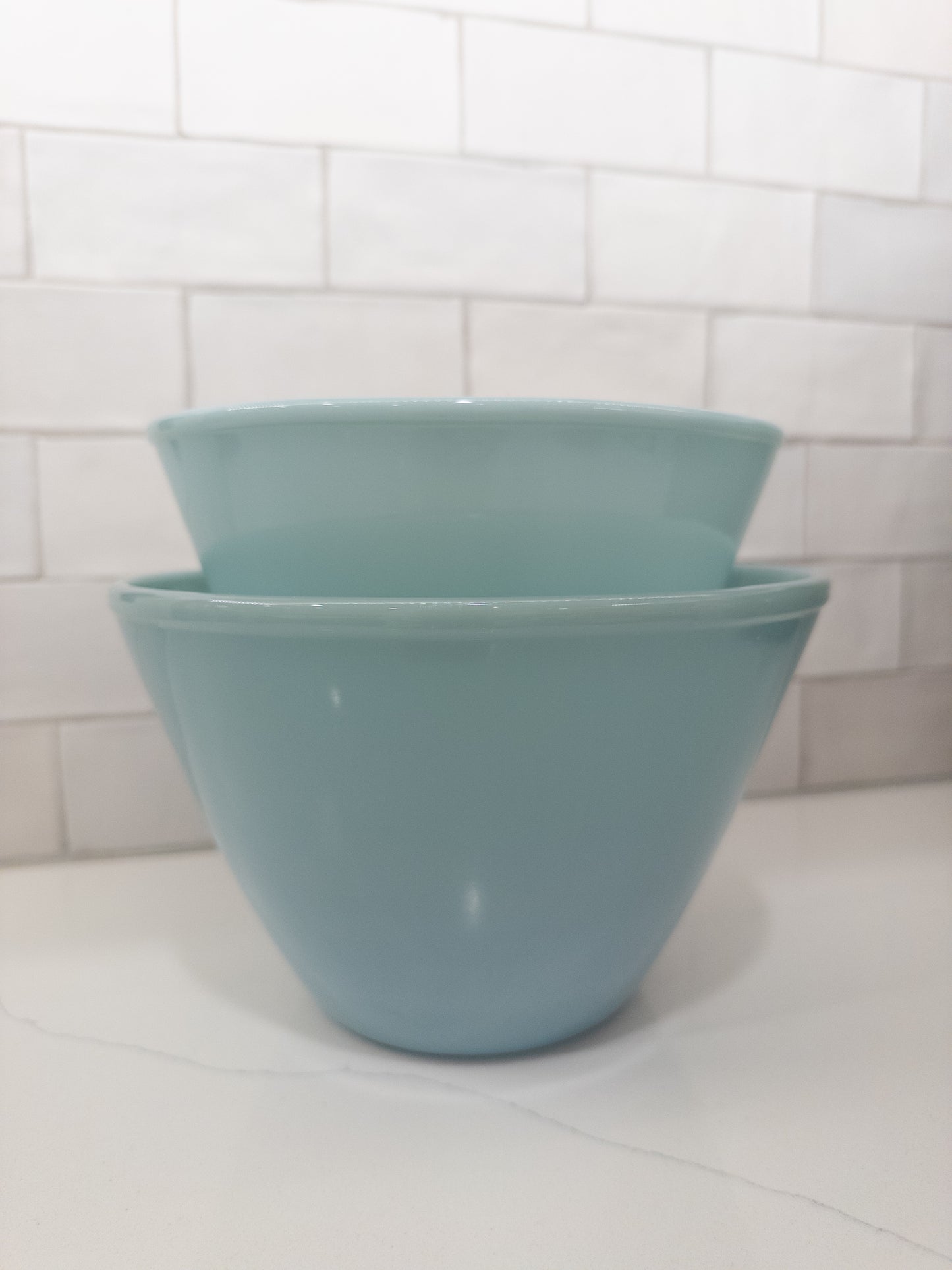 S/2, Vintage Fire King Delphite Blue Ovenware Splash-Proof Mixing Bowls
