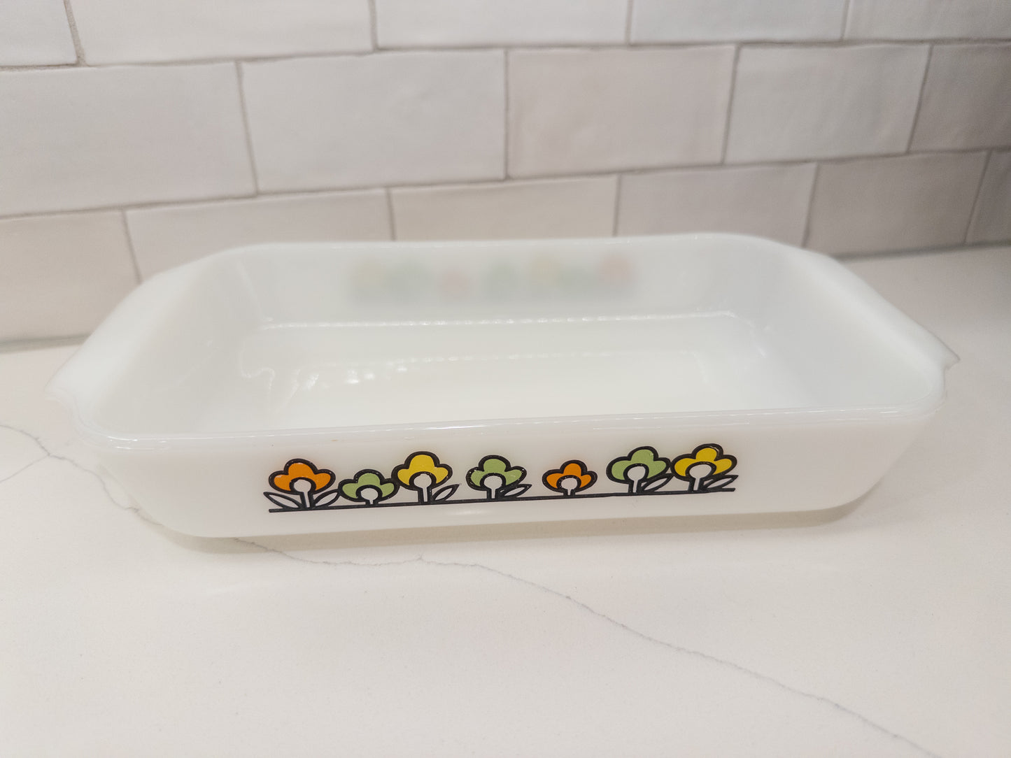 Vintage Anchor Hocking Fire King "Summer Field" Milk Glass Casserole Dish