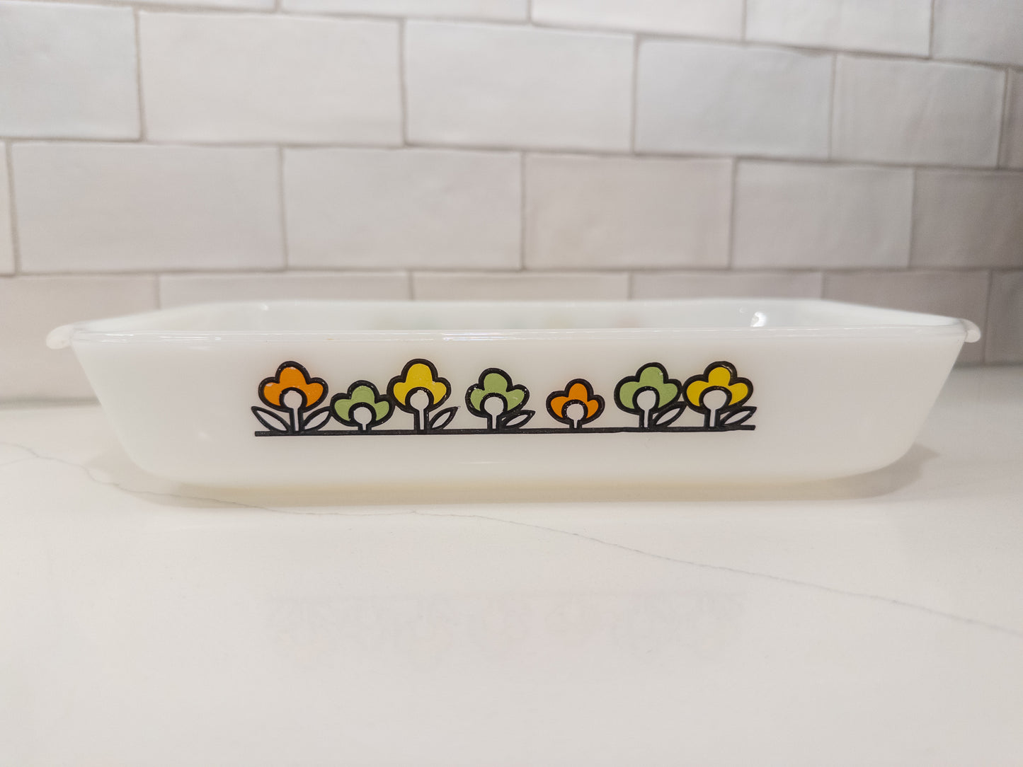 Vintage Anchor Hocking Fire King "Summer Field" Milk Glass Casserole Dish