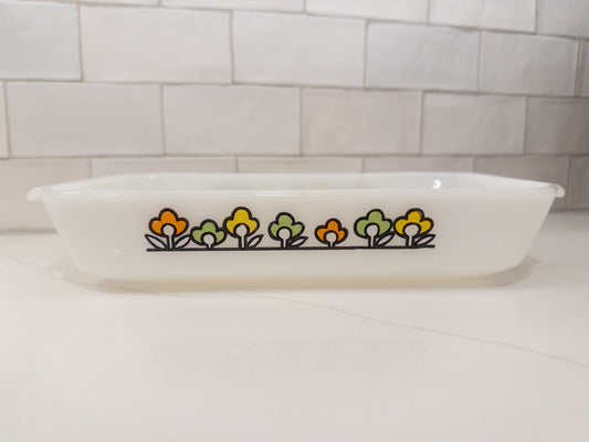 Vintage Anchor Hocking Fire King "Summer Field" Milk Glass Casserole Dish