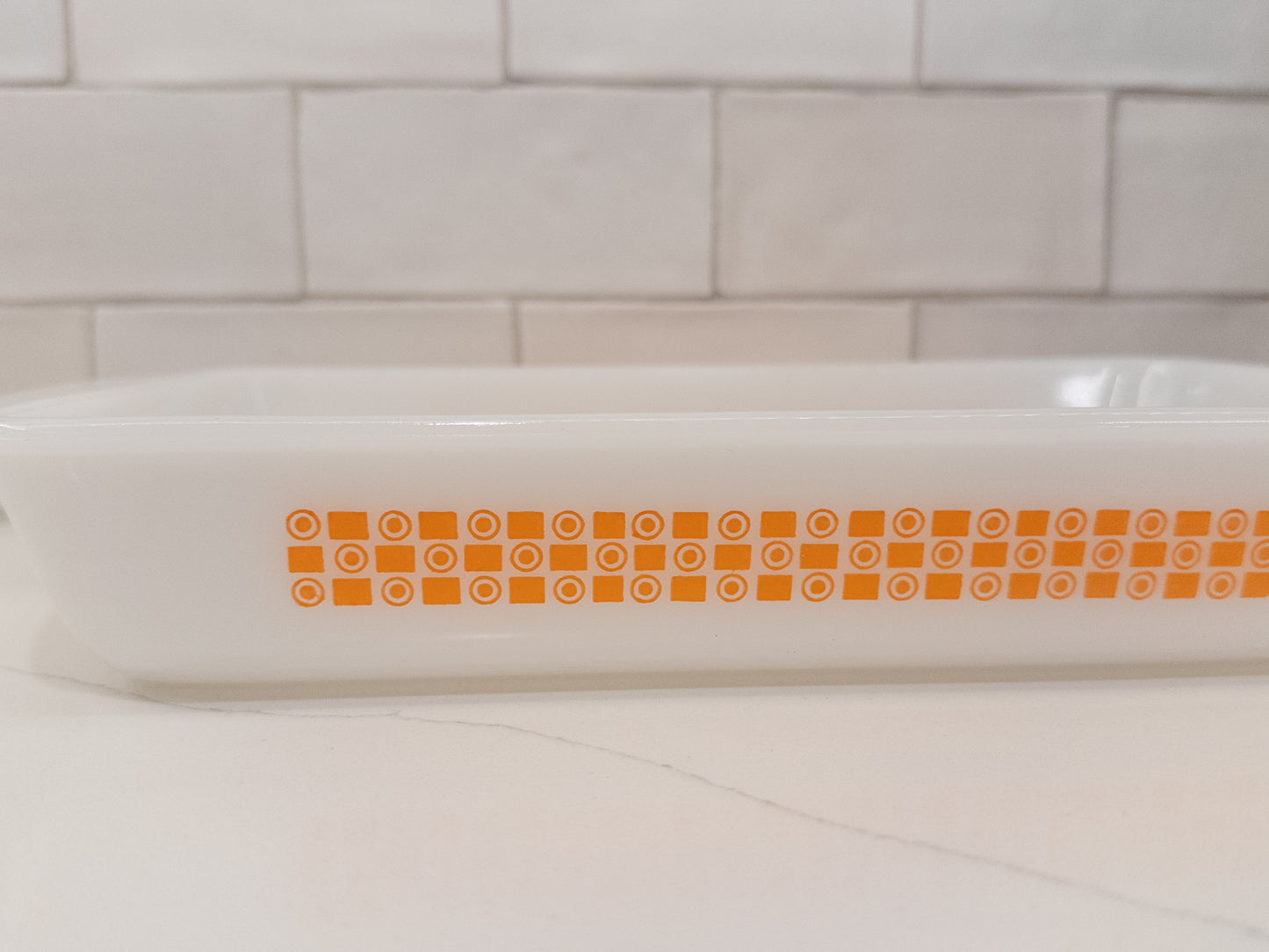 Vintage Pyrex Orange Geometric Pattern White Baking Dish