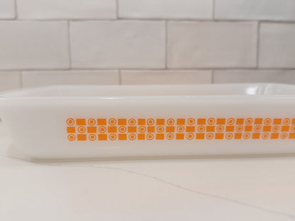 Vintage Pyrex Orange Geometric Pattern White Baking Dish