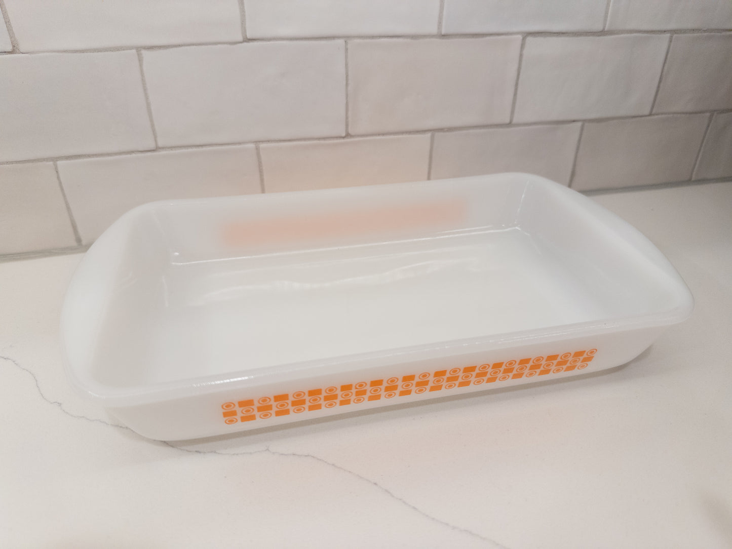 Vintage Pyrex Orange Geometric Pattern White Baking Dish