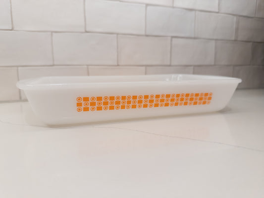 Vintage Pyrex Orange Geometric Pattern White Baking Dish