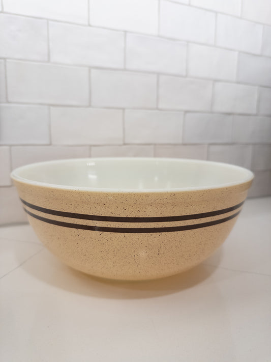 Vintage Pyrex 404 Speckled Tan Mixing Bowl w/ Brown Stripes