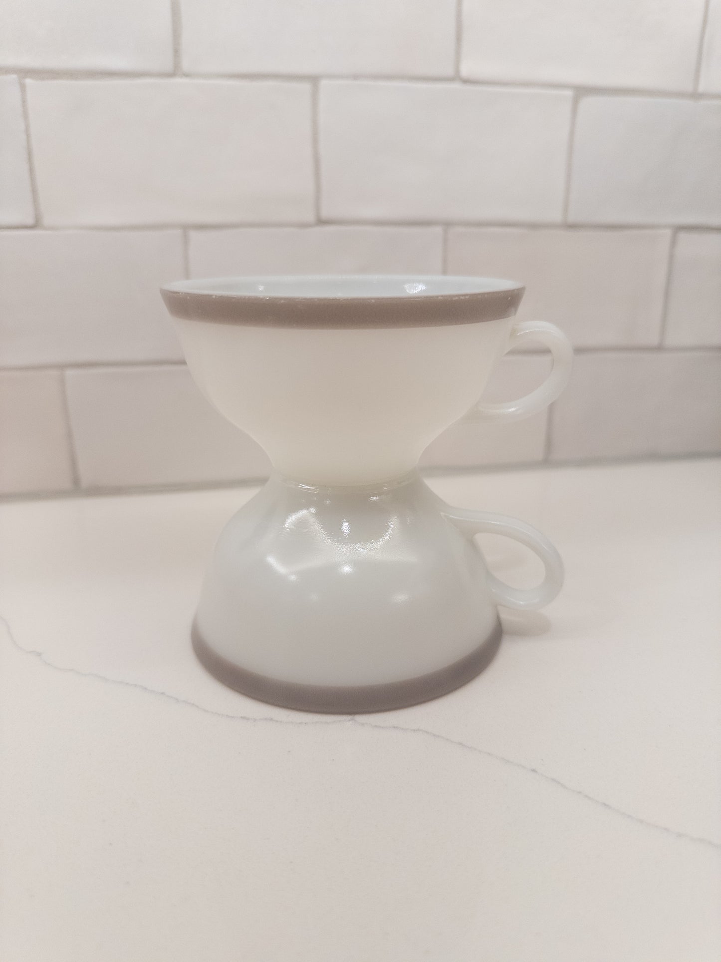 S/2, Vintage Pyrex Milk Glass Teacup w/ Grey Rim