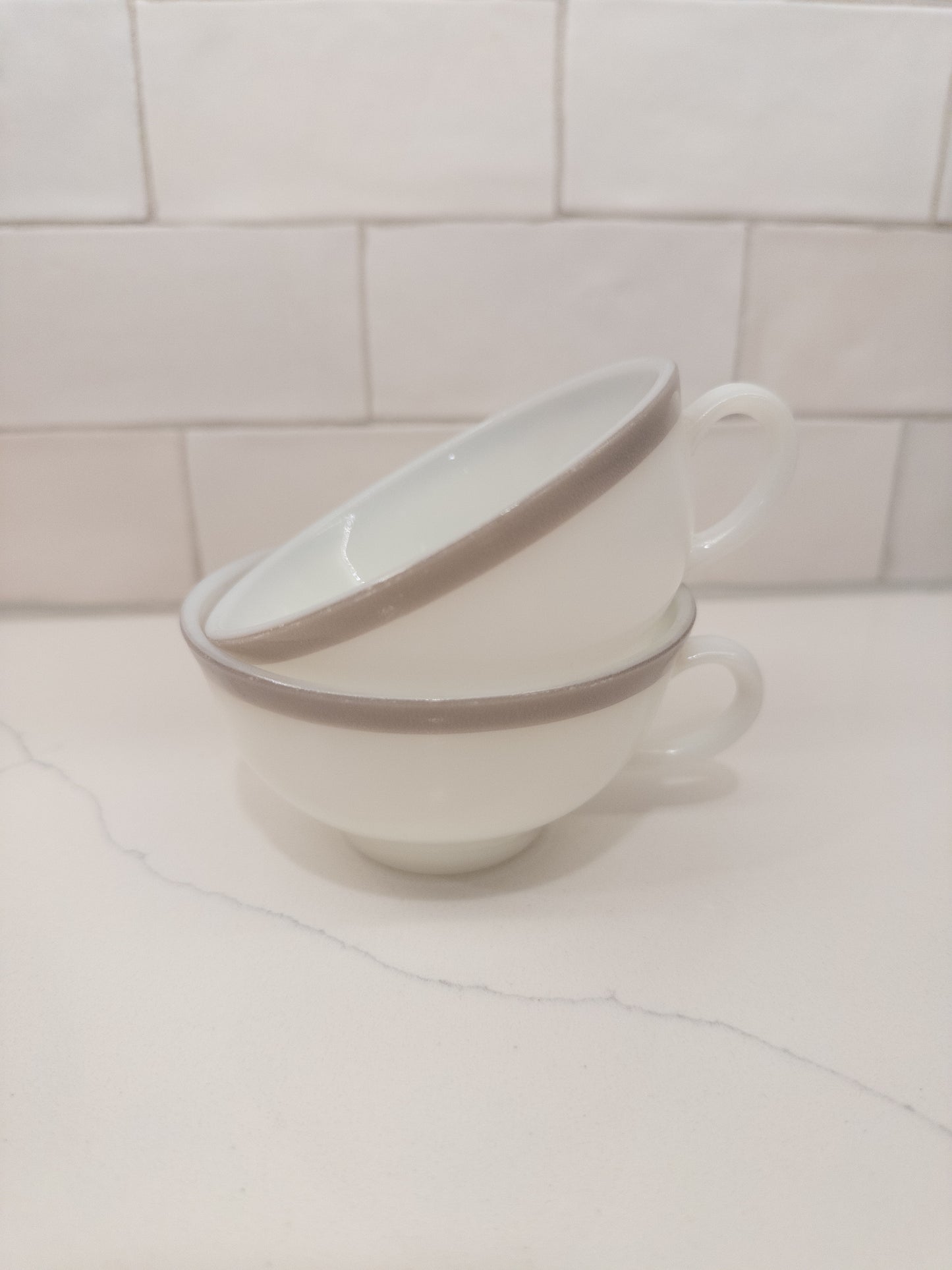 S/2, Vintage Pyrex Milk Glass Teacup w/ Grey Rim