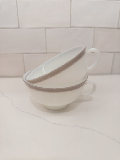 S/2, Vintage Pyrex Milk Glass Teacup w/ Grey Rim