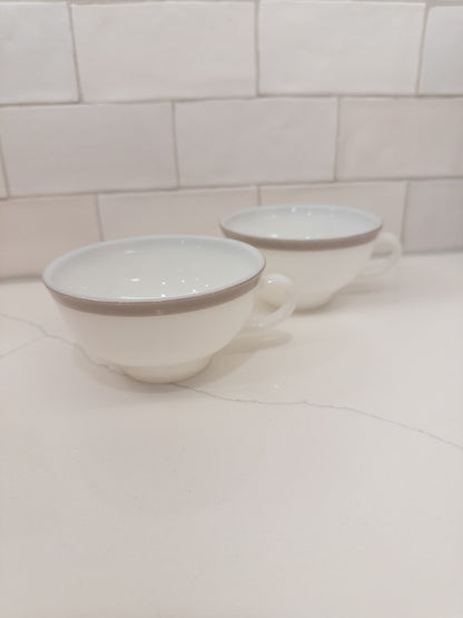 S/2, Vintage Pyrex Milk Glass Teacup w/ Grey Rim