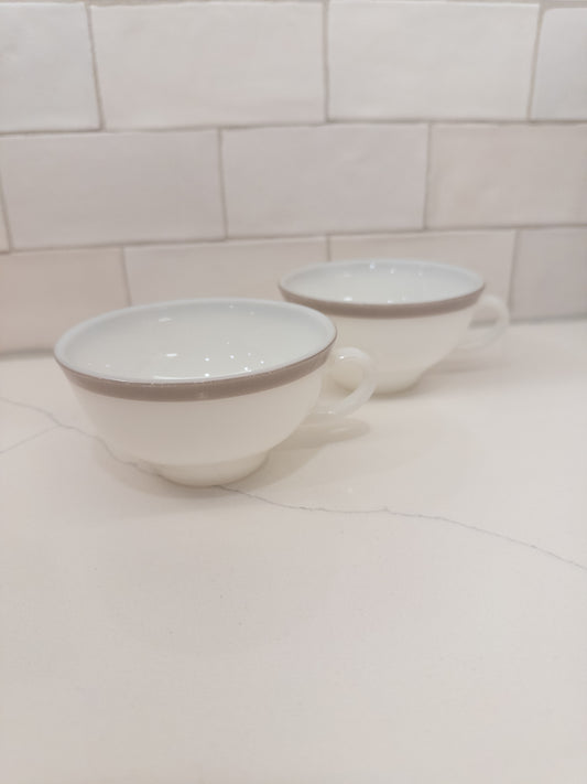 S/2, Vintage Pyrex Milk Glass Teacup w/ Grey Rim