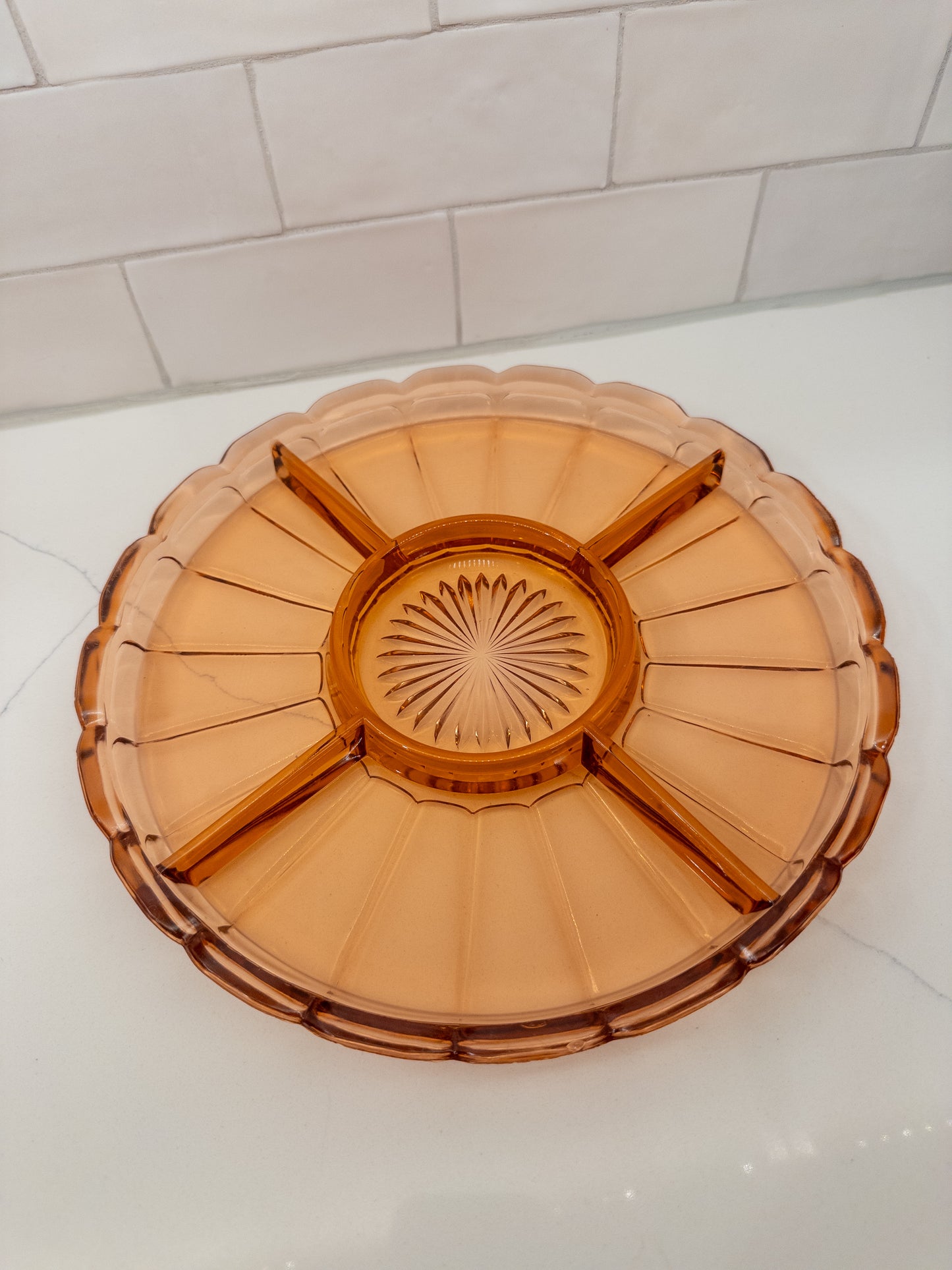 Vintage Pink Depression Glass Serving Platter w/ Scallop Edge