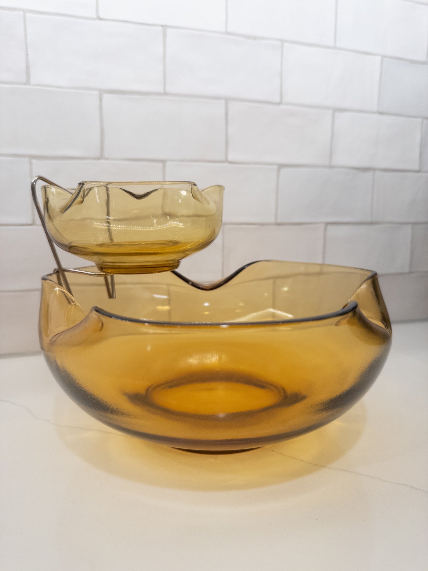 Vintage Anchor Hocking Amber Glass Chip & Dip Serving Set