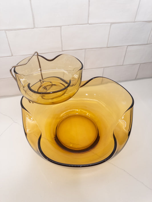 Vintage Anchor Hocking Amber Glass Chip & Dip Serving Set