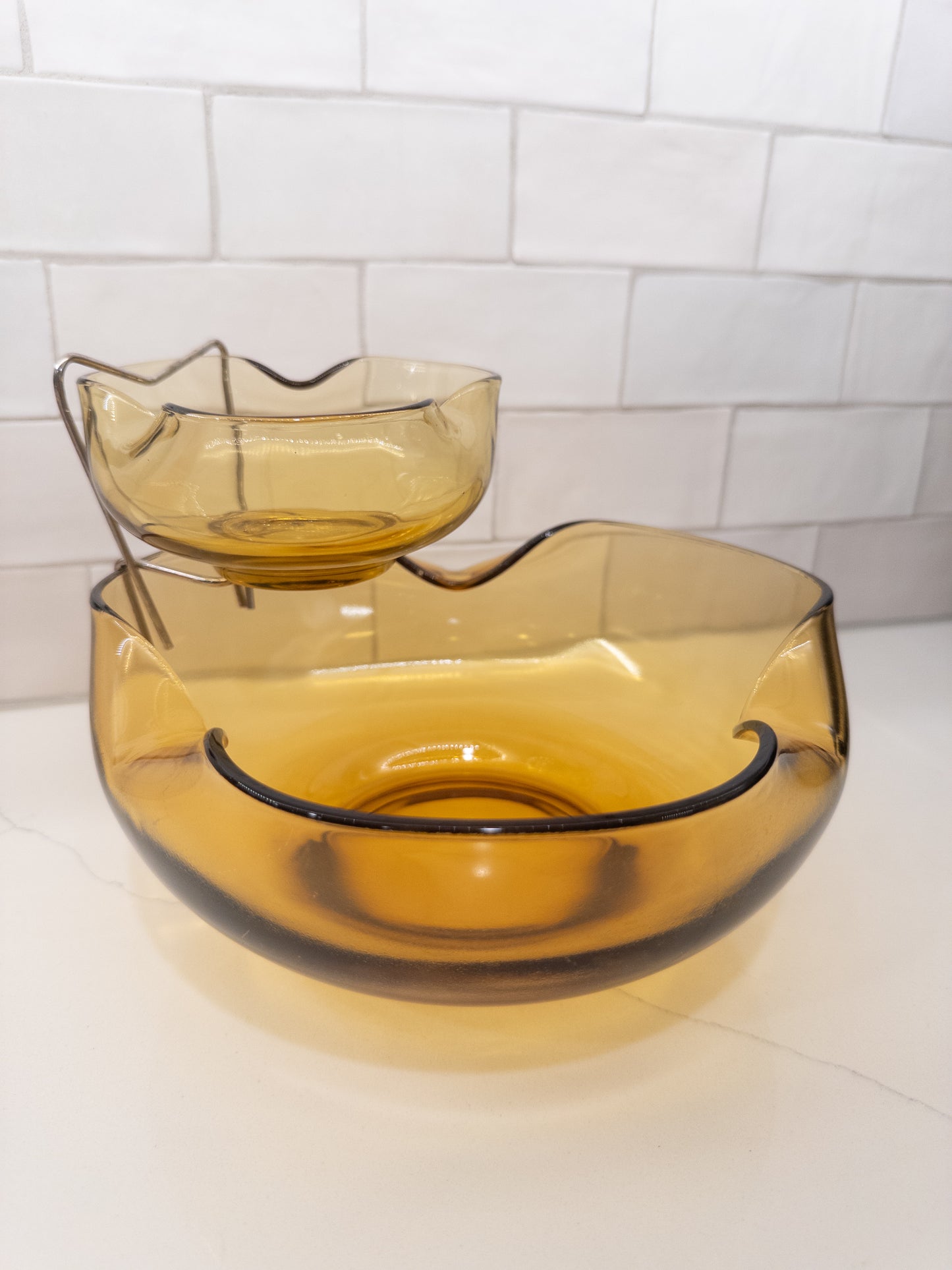 Vintage Anchor Hocking Amber Glass Chip & Dip Serving Set