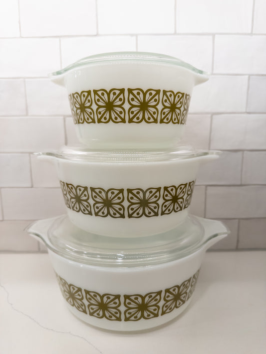 S/3 Vintage Pyrex 473, 474, 475 Verde Square Flowers Cinderella Casserole Dish w/ Lids