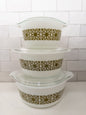 S/3 Vintage Pyrex 473, 474, 475 Verde Square Flowers Cinderella Casserole Dish w/ Lids