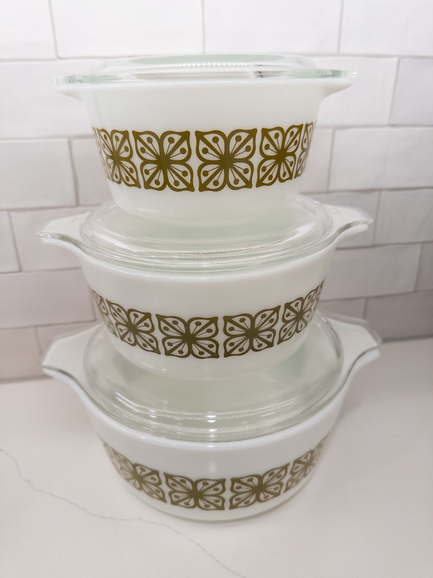 S/3 Vintage Pyrex 473, 474, 475 Verde Square Flowers Cinderella Casserole Dish w/ Lids