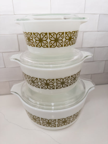 S/3 Vintage Pyrex 473, 474, 475 Verde Square Flowers Cinderella Casserole Dish w/ Lids