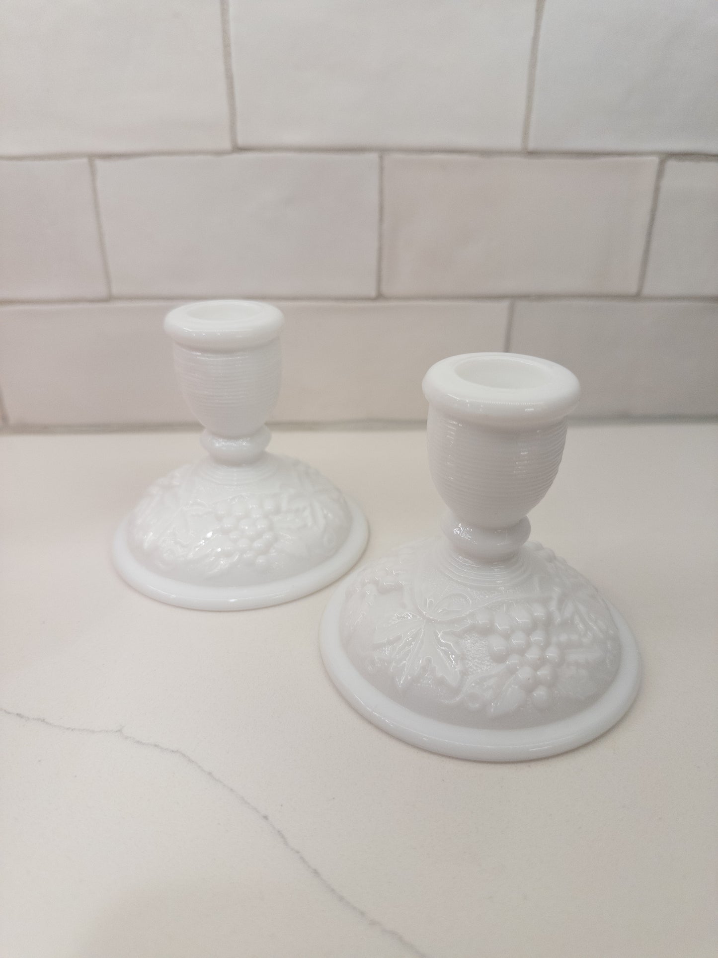 S/2, Vintage Milk Glass Short Candlestick Holders w/ Grape Lead Pattern