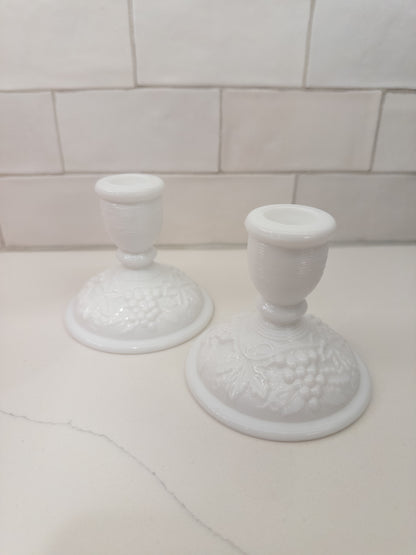 S/2, Vintage Milk Glass Short Candlestick Holders w/ Grape Lead Pattern
