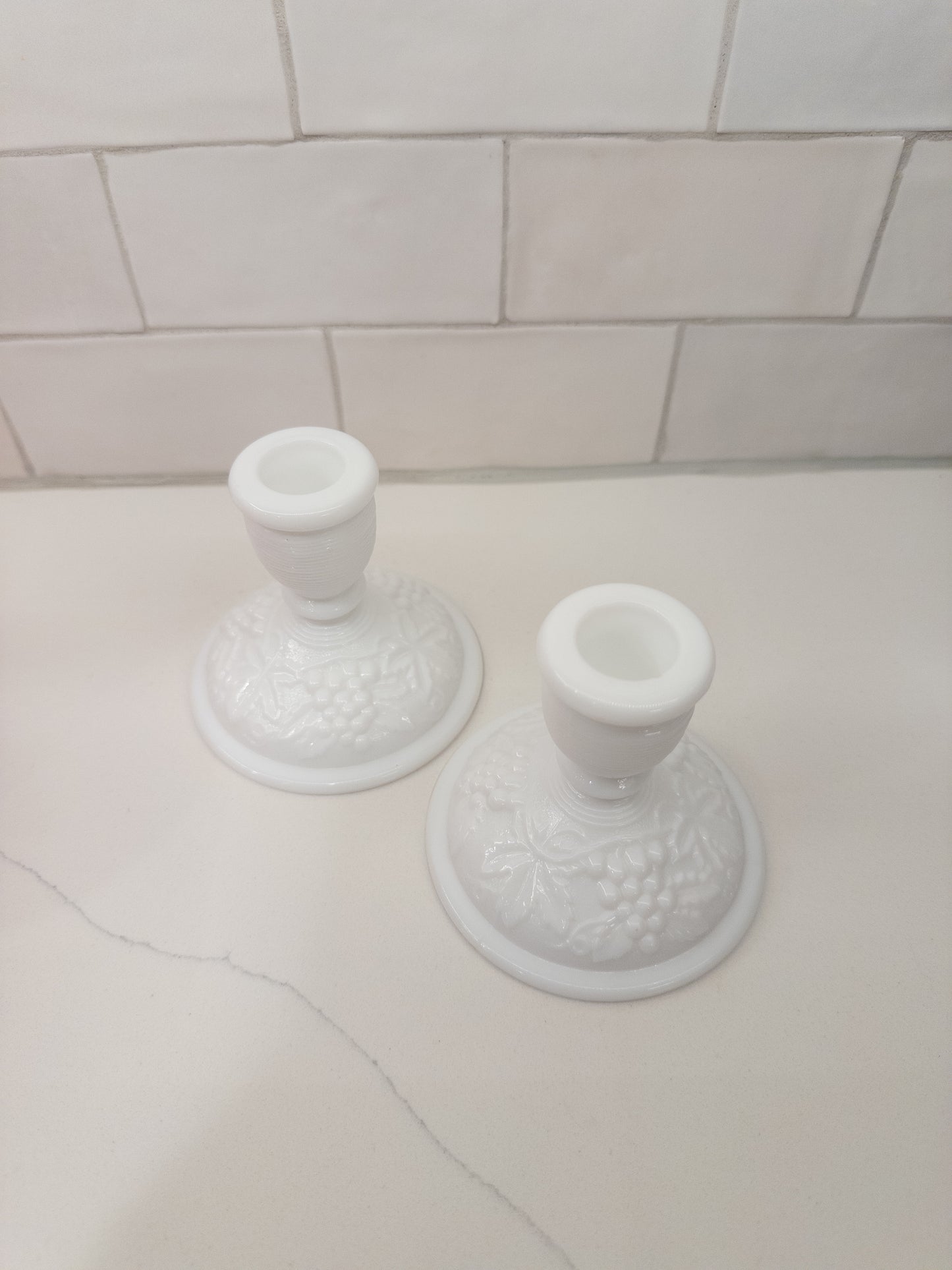S/2, Vintage Milk Glass Short Candlestick Holders w/ Grape Lead Pattern