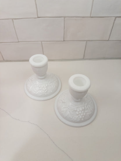 S/2, Vintage Milk Glass Short Candlestick Holders w/ Grape Lead Pattern