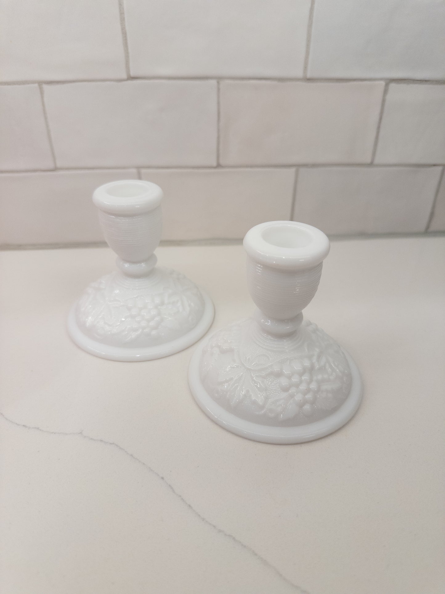 S/2, Vintage Milk Glass Short Candlestick Holders w/ Grape Lead Pattern