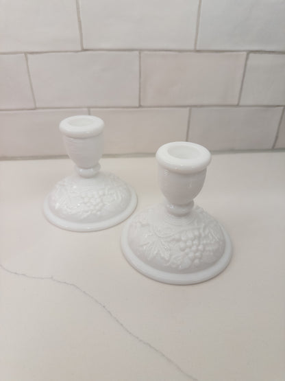 S/2, Vintage Milk Glass Short Candlestick Holders w/ Grape Lead Pattern