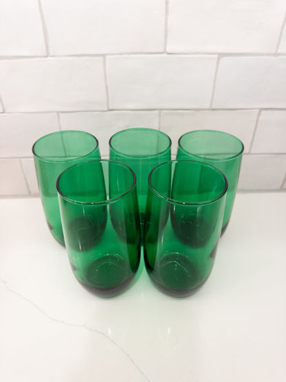 S/5, Vintage Anchor Hocking Forest Green Roly Poly Tumblers