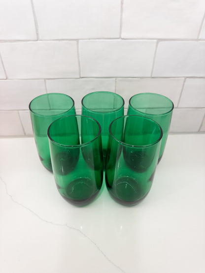 S/5, Vintage Anchor Hocking Forest Green Roly Poly Tumblers