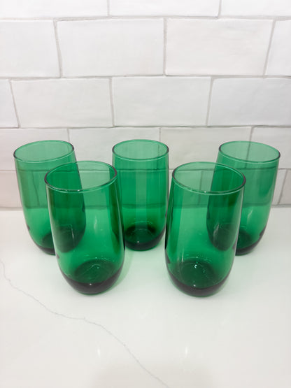 S/5, Vintage Anchor Hocking Forest Green Roly Poly Tumblers