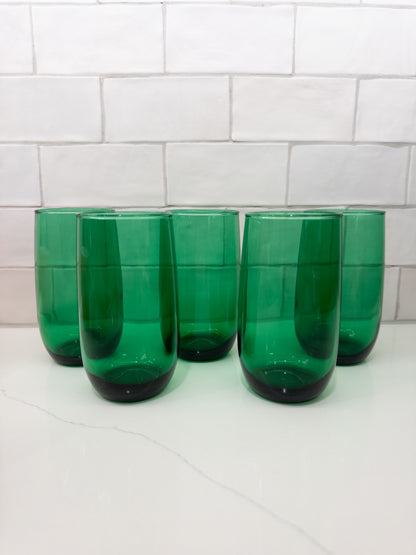 S/5, Vintage Anchor Hocking Forest Green Roly Poly Tumblers