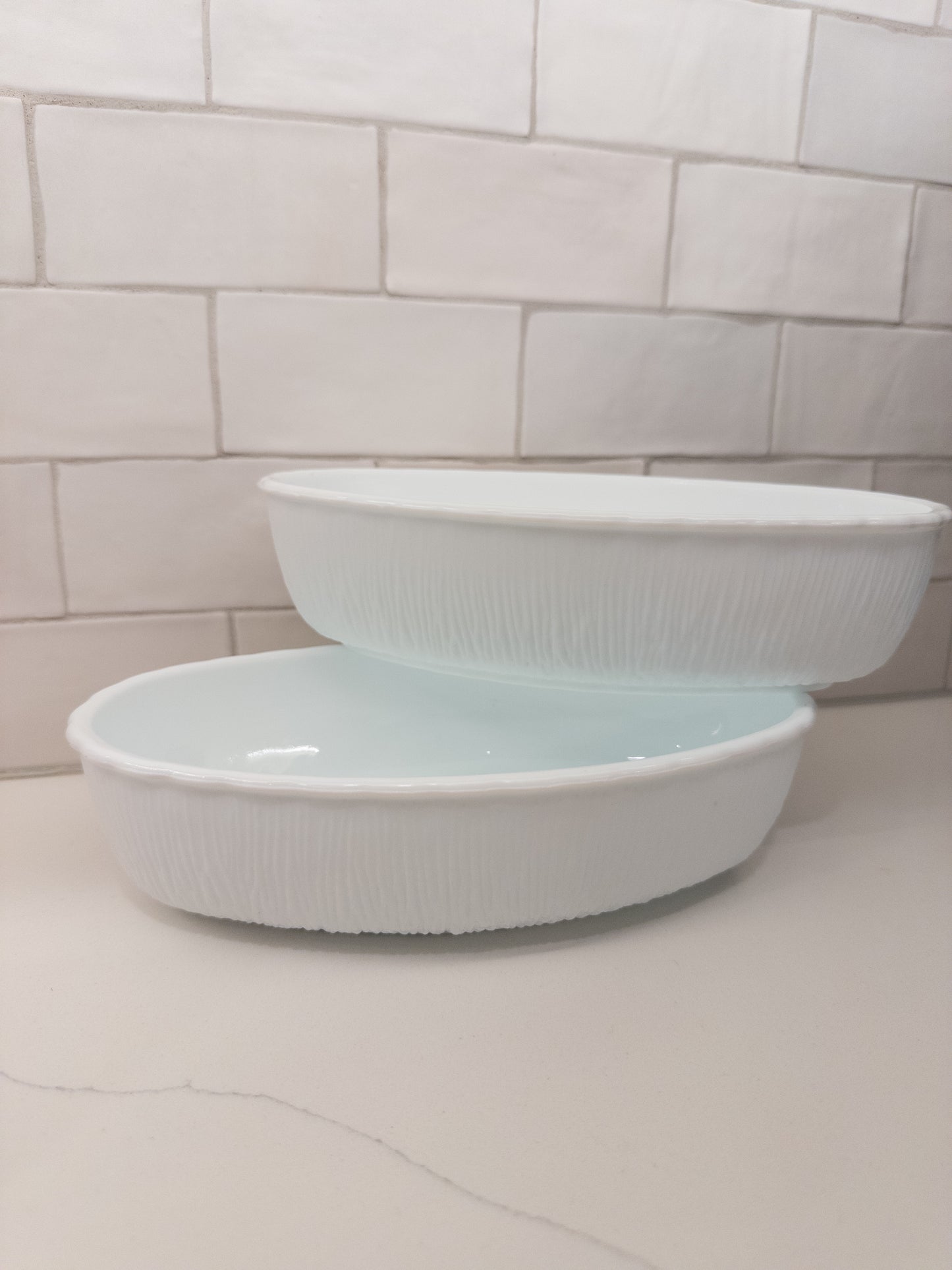 S/2, Vintage 1975 FTD Textured Milk Glass Oval Serving Bowl