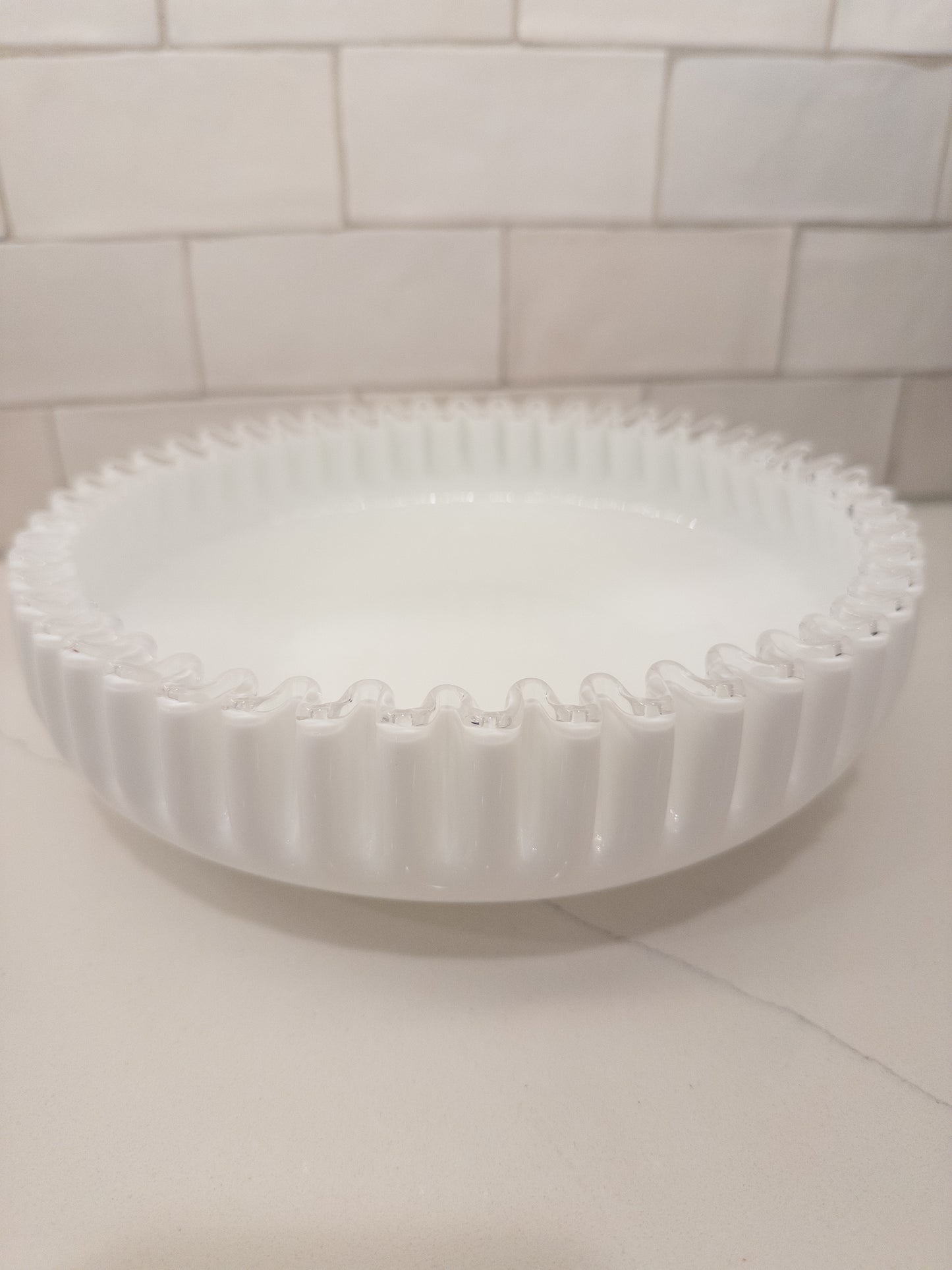 Vintage Fenton Silver Crest White Milk Glass Shallow Round Bowl
