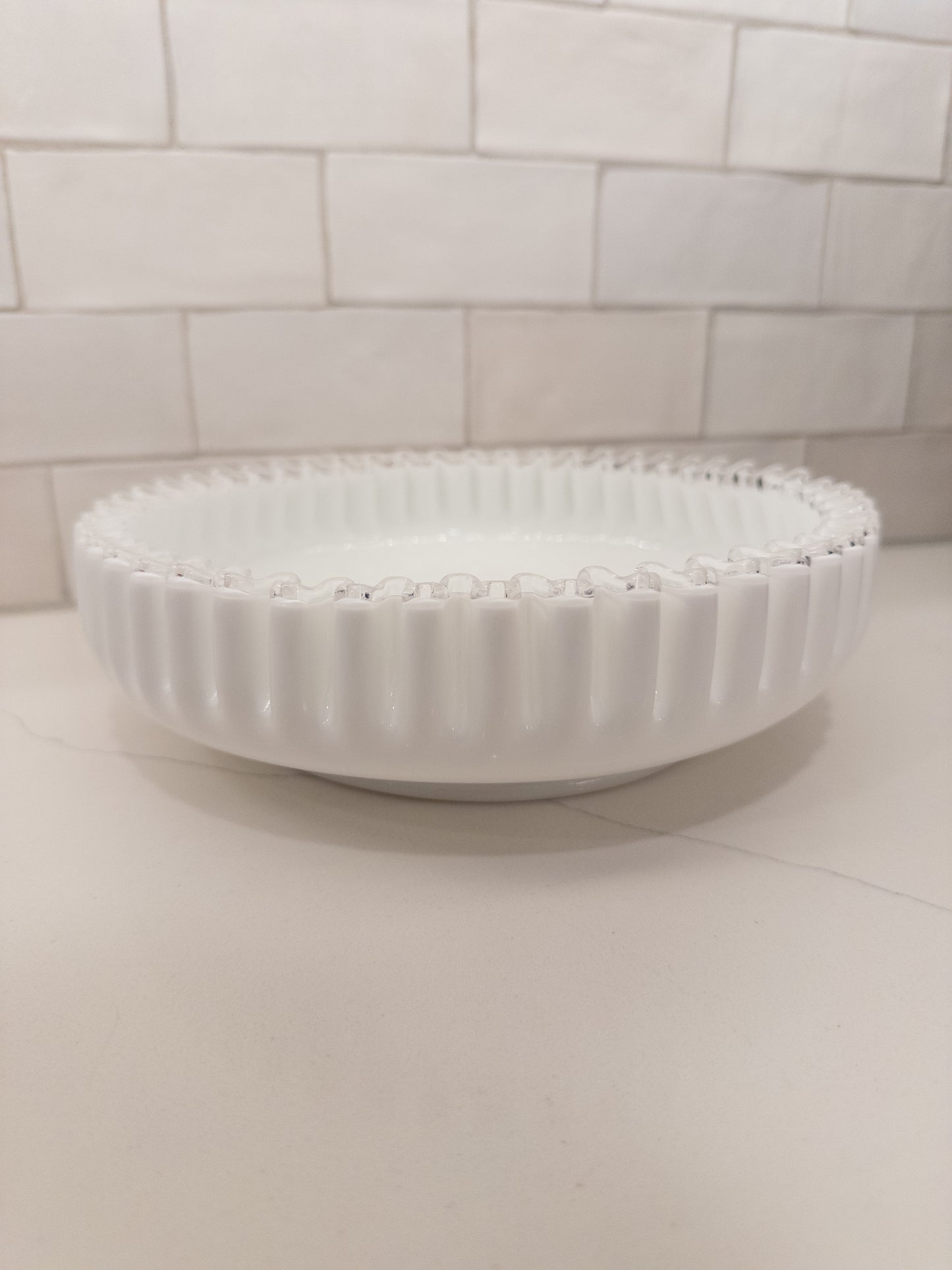 Vintage Fenton Silver Crest White Milk Glass Shallow Round Bowl
