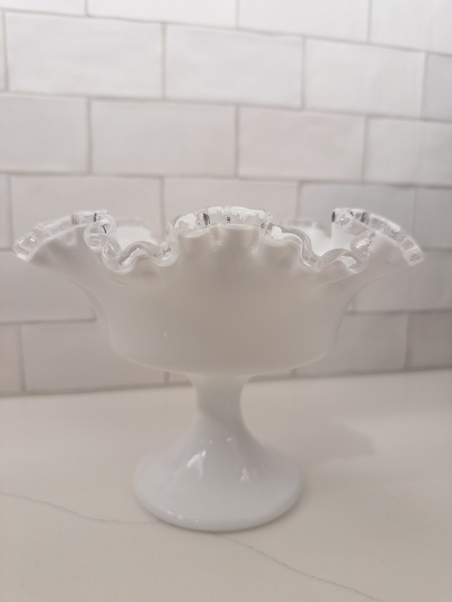 Vintage Fenton Silver Crest Milk Glass Ruffled Pedestal Compote