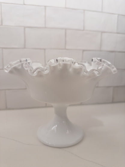 Vintage Fenton Silver Crest Milk Glass Ruffled Pedestal Compote
