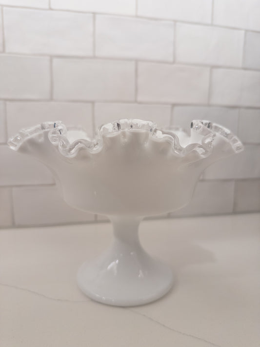 Vintage Fenton Silver Crest Milk Glass Ruffled Pedestal Compote