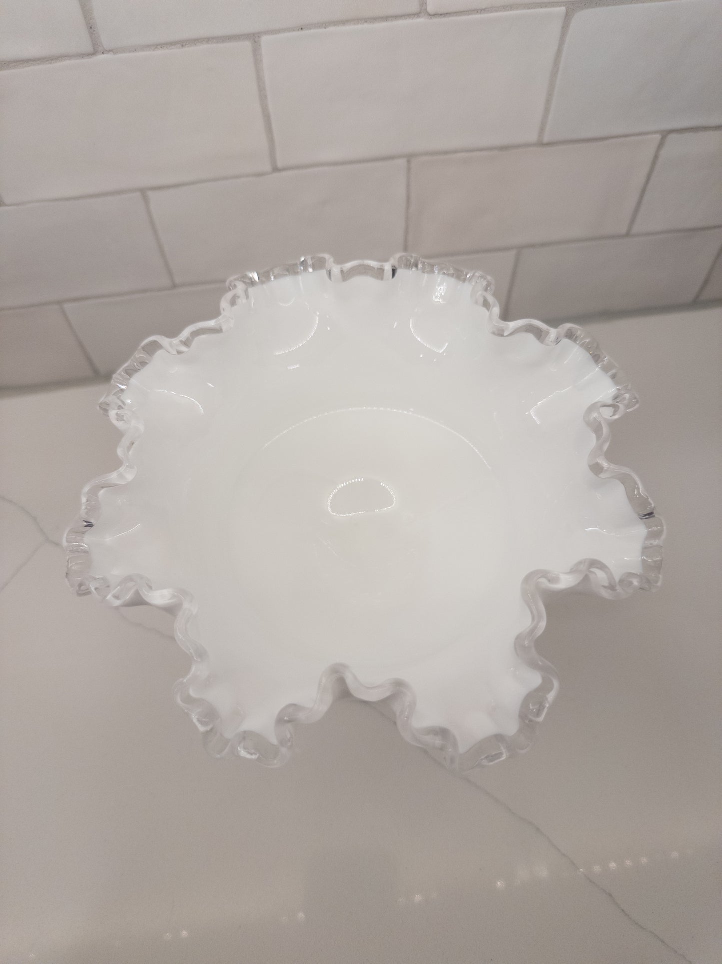 Vintage Fenton Silver Crest Milk Glass Ruffled Pedestal Compote