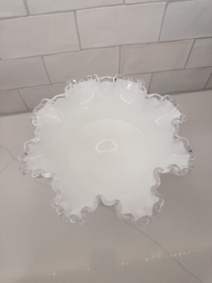 Vintage Fenton Silver Crest Milk Glass Ruffled Pedestal Compote