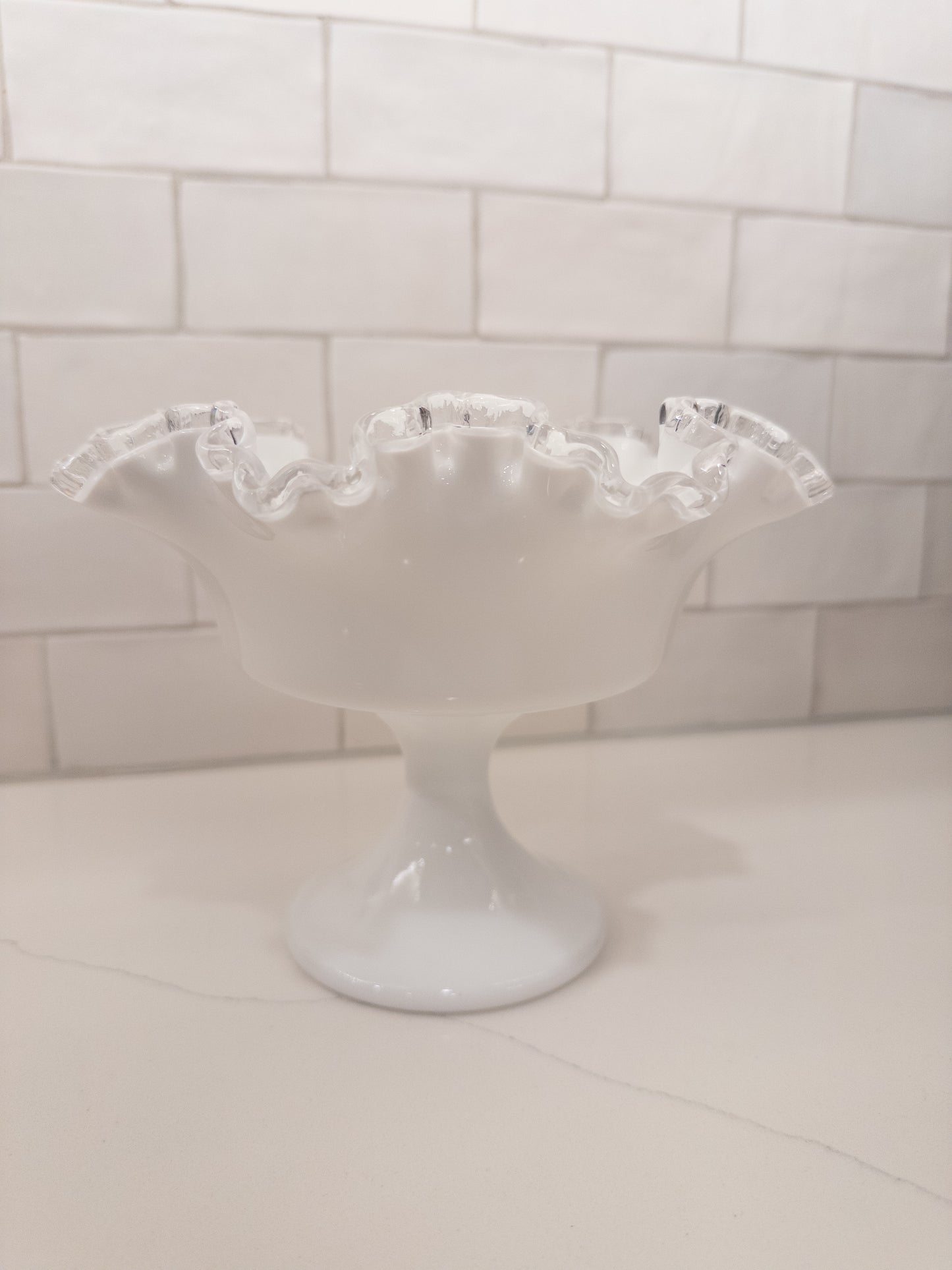 Vintage Fenton Silver Crest Milk Glass Ruffled Pedestal Compote