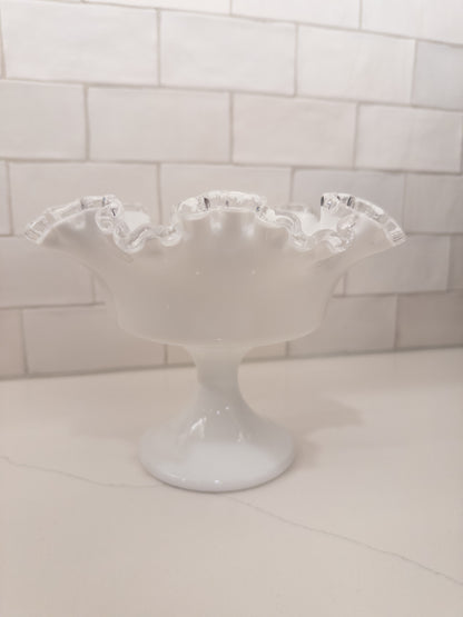 Vintage Fenton Silver Crest Milk Glass Ruffled Pedestal Compote