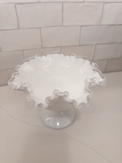 Vintage Fenton Silver Crest Milk Glass Ruffled Pedestal Compote