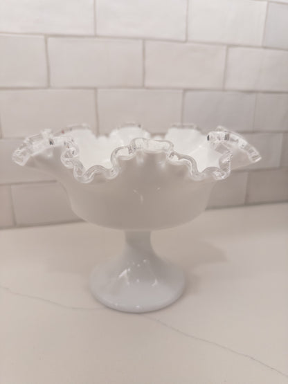 Vintage Fenton Silver Crest Milk Glass Ruffled Pedestal Compote