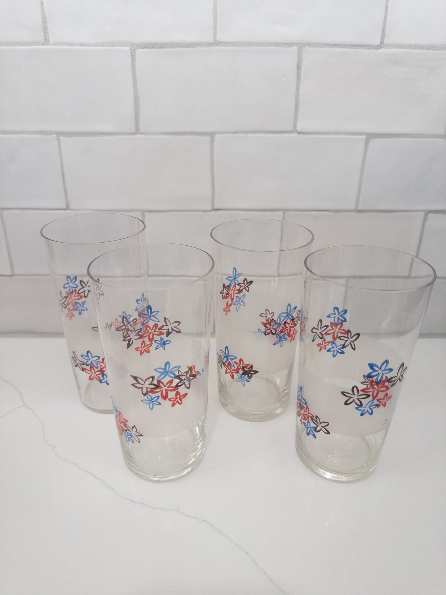 S/4, Vintage Glass Tumblers w/ Floral Prints